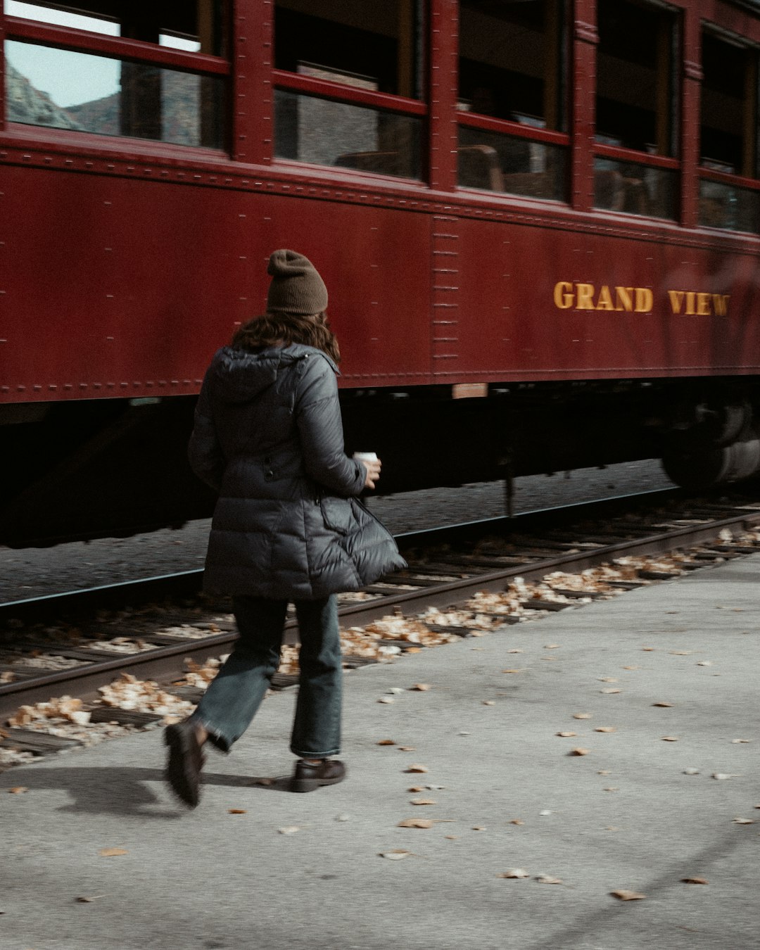 woman in black jacket standing near red train during daytime