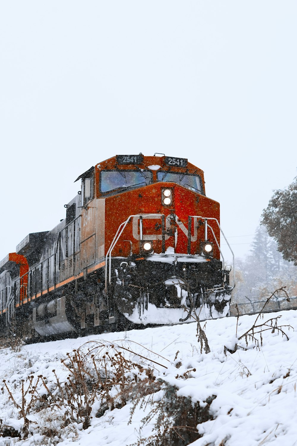 orange and black train on snow covered ground during daytime