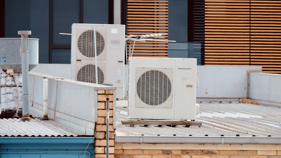 Outdoor AC units on a flat roof deck