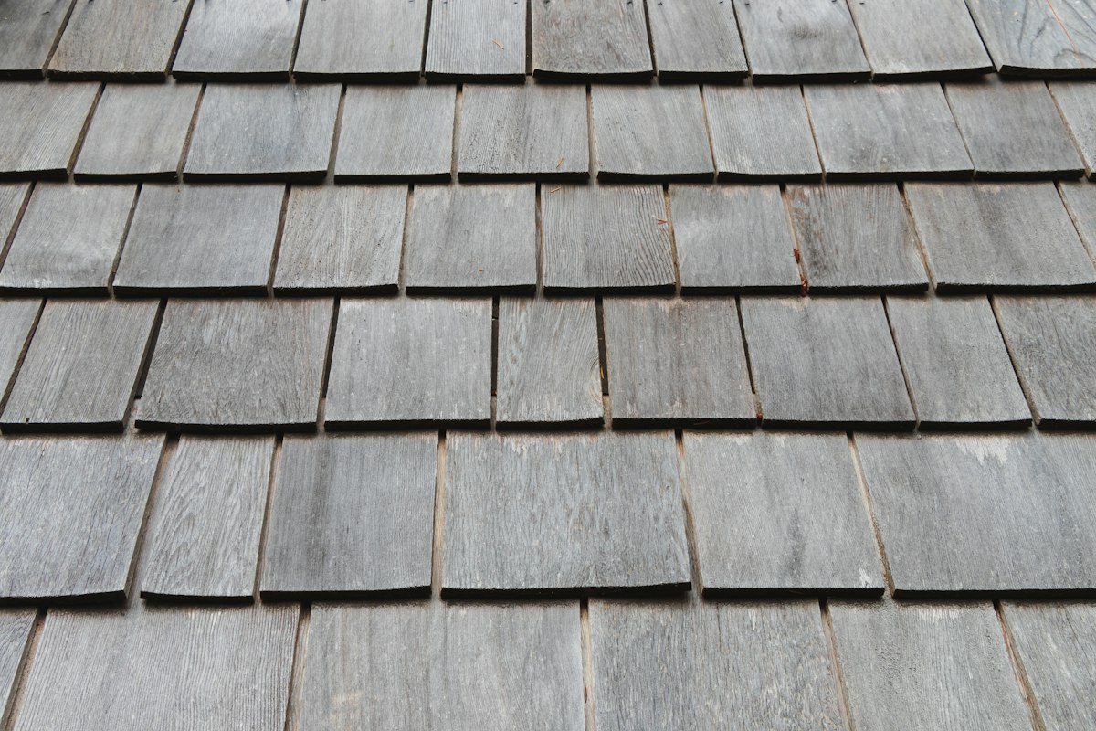 Weathered gray cedar shingle roof detail