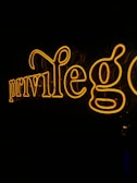 The image displays a neon sign featuring the word 'privilege' in cursive script, illuminated in a bright yellow color against a black background.