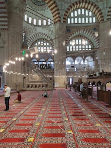 The image depicts a stunning interior of a mosque with high vaulted ceilings and intricate geometric designs. Light streams through decorated windows and chandeliers hang elegantly overhead. People are seen either seated or standing in prayer on richly patterned red and blue carpets stretching across the expansive hall.