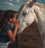 woman in blue t-shirt standing beside white horse during daytime