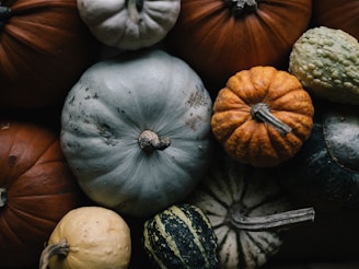 white and orange pumpkin on brown wooden table