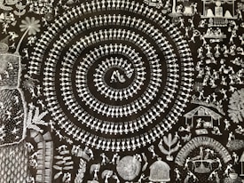 A intricate artwork featuring a concentric spiral made up of small, stylized human figures in traditional dance poses. Surrounding the spiral are various scenes depicting daily life, including people working in fields, celebrating, and dancing. The design is highly detailed, with numerous small figures and objects filling the space.