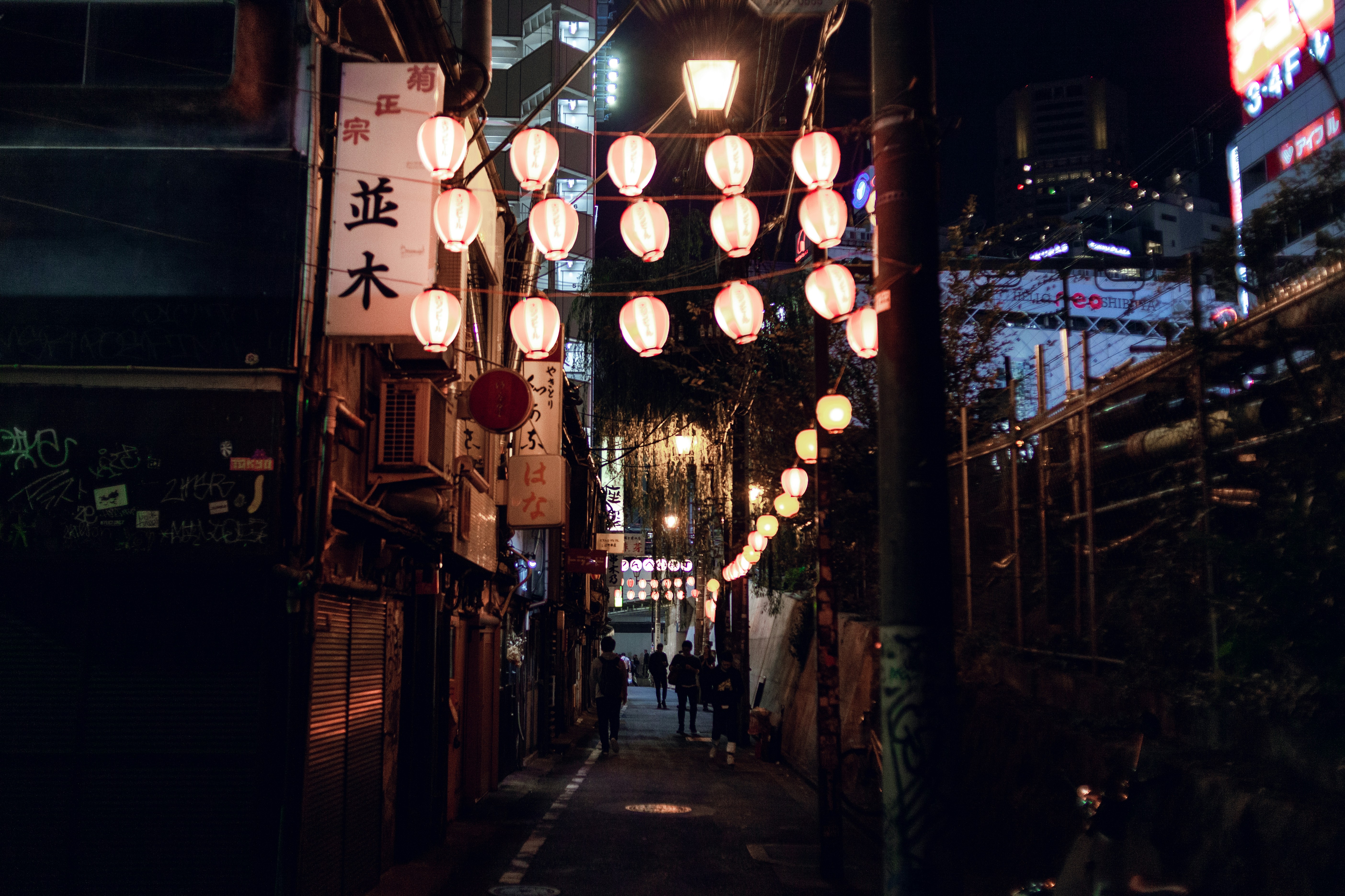 Shinjuku Golden Gai alley at night, red lanterns