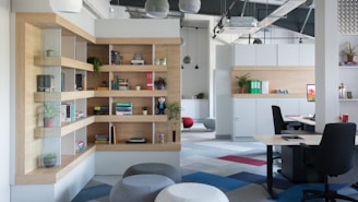 white wooden shelf with books and red ball