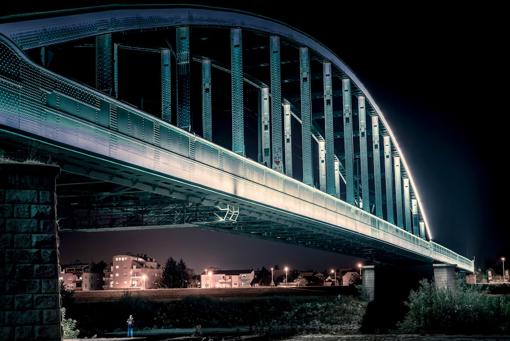 people walking on bridge during night time