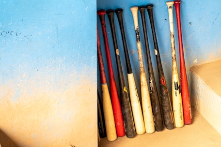 Several baseball bats are arranged upright against a textured blue wall. The bats have a mix of black, white, and red colors. The wall shows a gradient of blue and beige, creating a visually appealing backdrop. There is a step to the right.