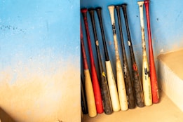 Several baseball bats are arranged upright against a textured blue wall. The bats have a mix of black, white, and red colors. The wall shows a gradient of blue and beige, creating a visually appealing backdrop. There is a step to the right.