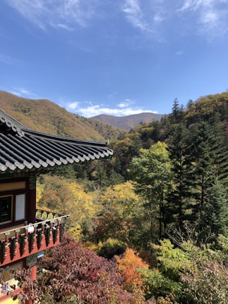 A serene view of a traditional Korean temple surrounded by autumn foliage.
