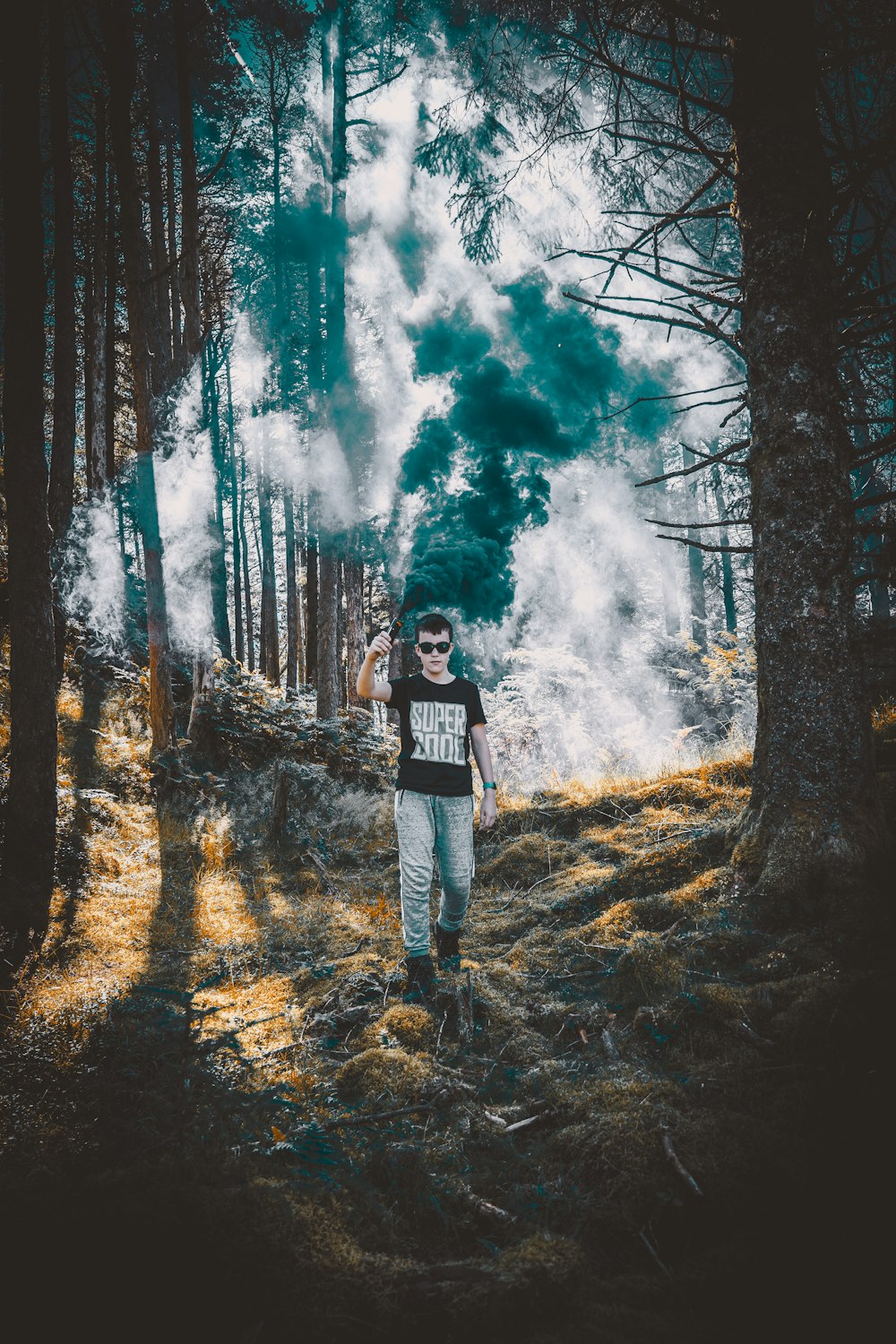 person in black jacket standing on forest with smoke