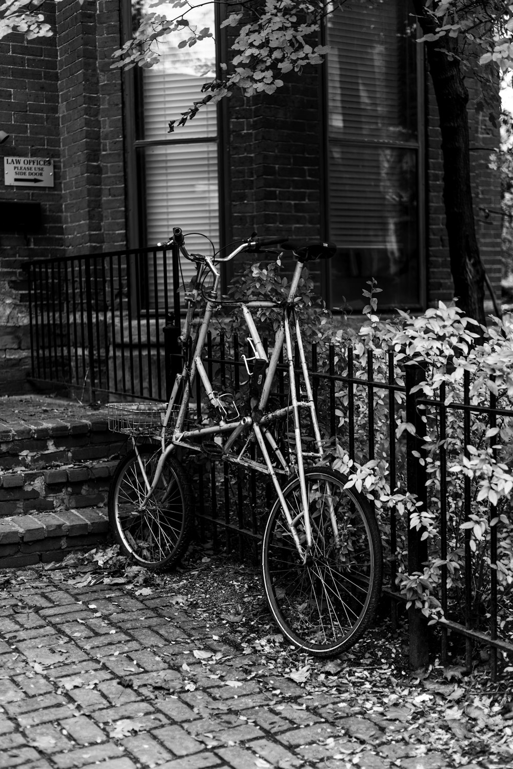 grayscale photo of bicycle parked beside wall