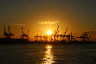 A panoramic view of Mazatlán's industrial port at sunrise with ships and cranes.