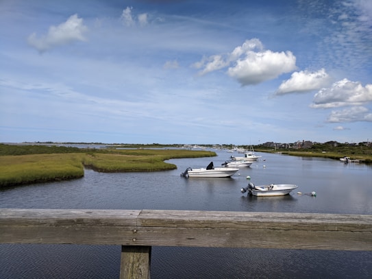 Several small motorboats are anchored on a calm river, bordered by grassy marshlands. The boats are floating gently on the water under a clear blue sky with some scattered clouds. In the background, a distant line of houses and greenery can be seen.