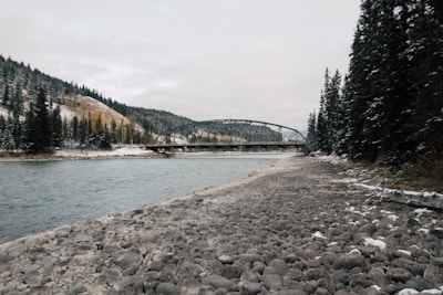 A river bank strengthened with BRM gaviones in a misty Patagonian mountain setting.