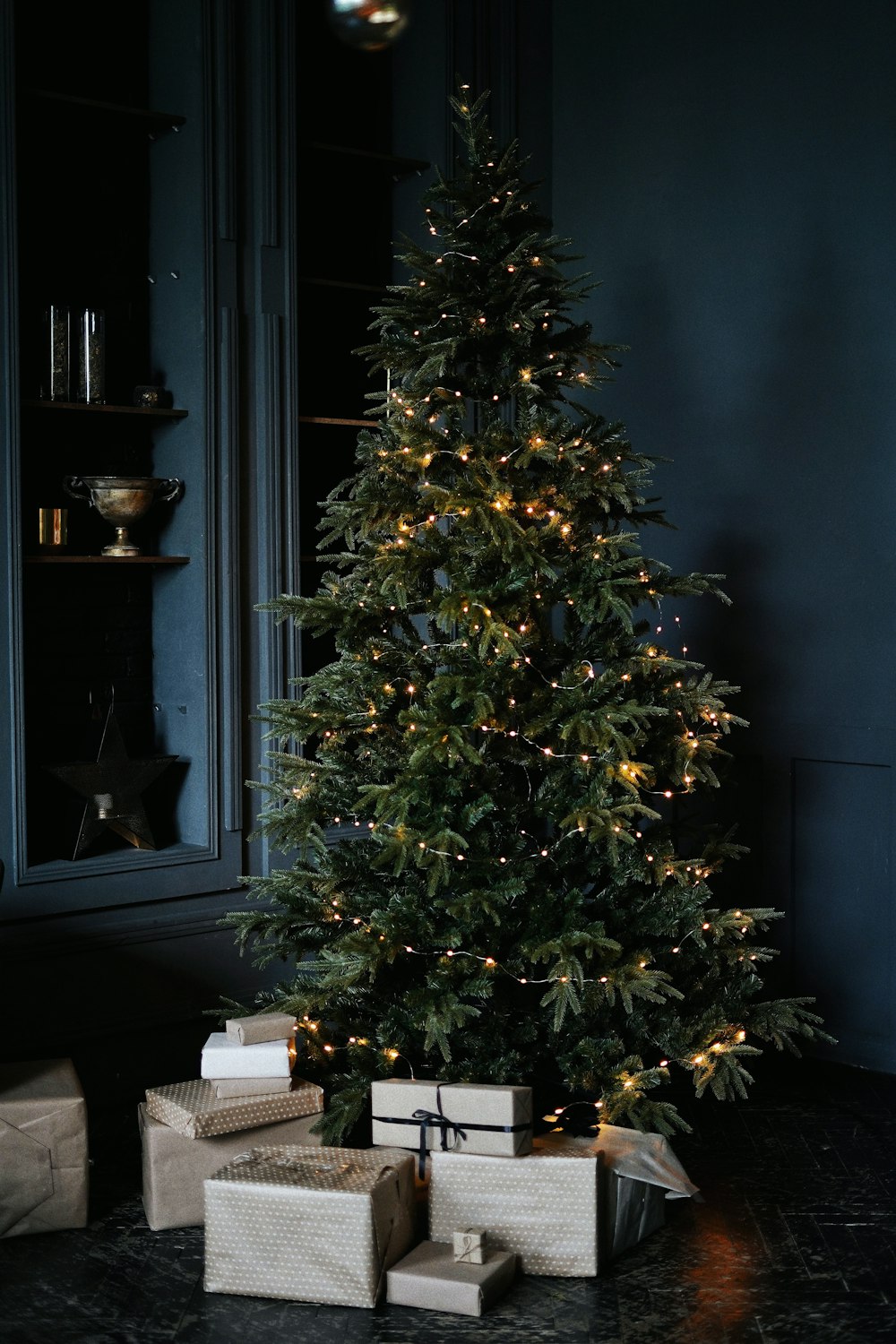 green christmas tree with string lights