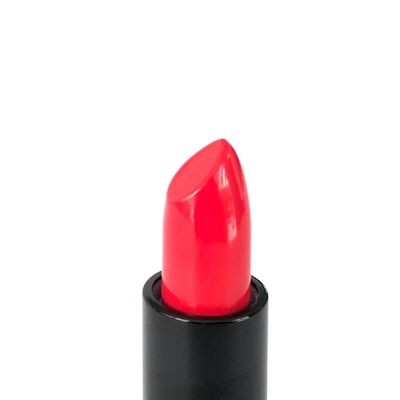 A bright red lipstick with a sleek black base, shown standing upright. The lipstick is perfectly shaped with a smooth, shiny surface and vibrant color.