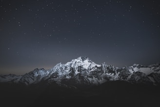 Snow-capped mountain peaks shimmering against a deep midnight black sky.