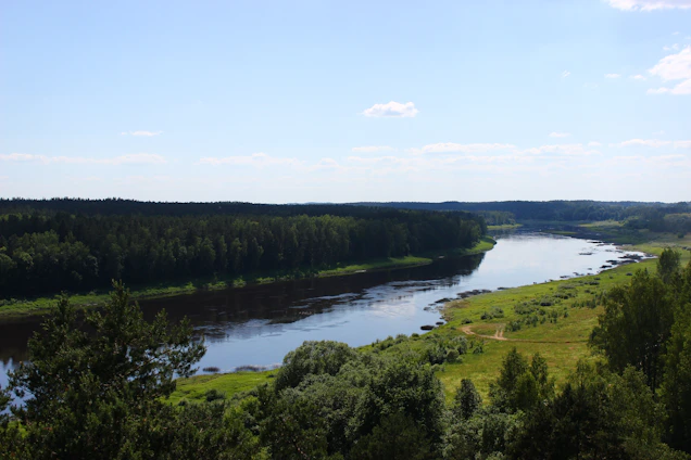 A peaceful river winding through lush green foliage under a bright spring sky.