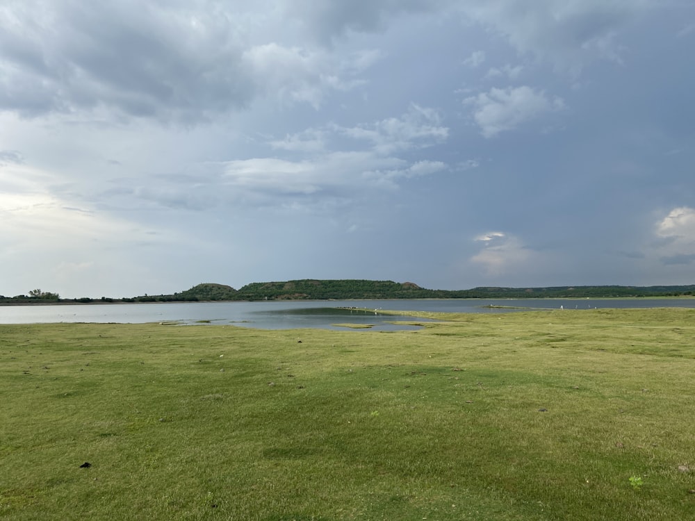 green grass field near body of water under white clouds and blue sky during daytime