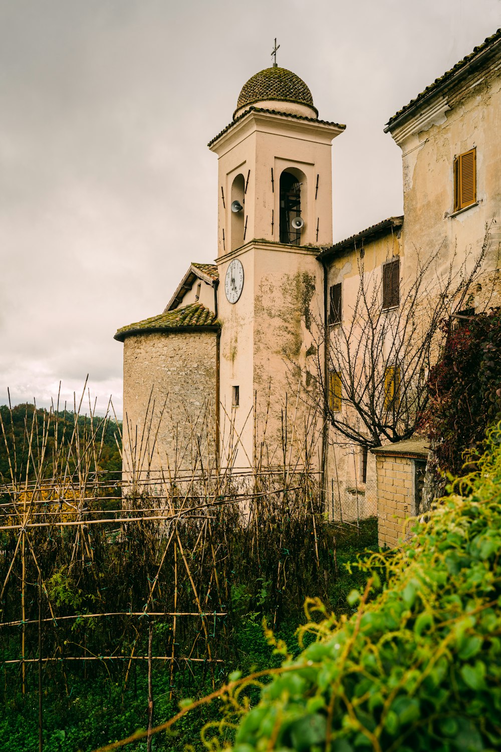 brown concrete building near bare trees under white clouds during daytime