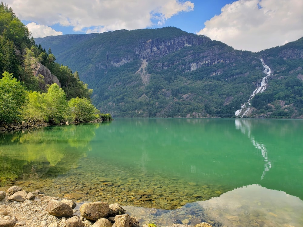 green lake surrounded by green trees and mountain during daytime