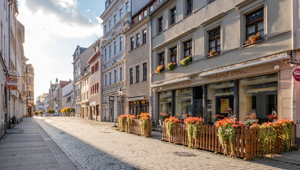 A sunlit cobblestone street lined with colorful, quaint cafes and blooming flower pots.