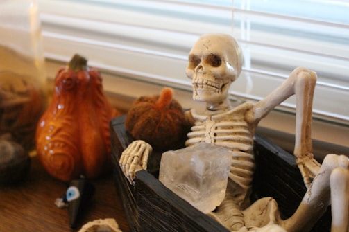 A small skeleton figurine is sitting in a black container, leaning casually with one arm on the edge. Beside it is a clear crystal and an orange decorative gourd. The setting appears to be indoors, with a window and blinds in the background.