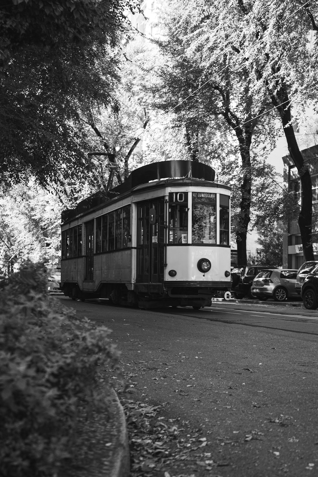 grayscale photo of tram on road