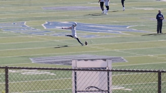 Football player mid-kick on a stadium field wearing a sharp jersey and shorts combo.