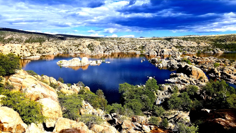 blue lake surrounded by brown rocks under blue sky during daytime