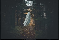 A ghostly figure draped in a white sheet hovers along a narrow forest path surrounded by dense, dark trees. The atmosphere is eerie, with minimal light filtering through the foliage.