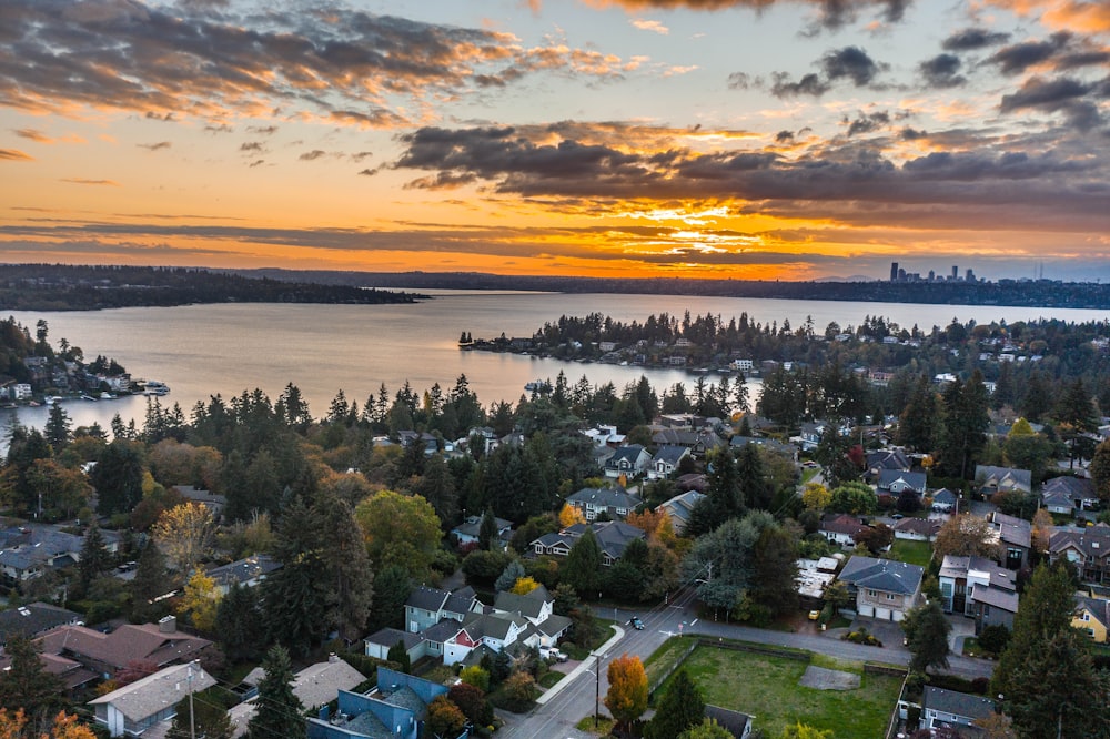 aerial view of houses near body of water during sunset