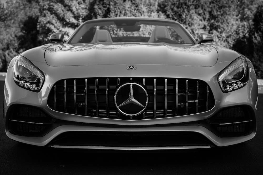 grayscale photo of mercedes benz car