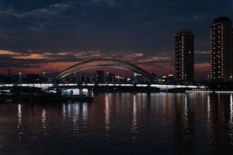 A sleek, modern bridge spanning a river at dusk, symbolizing connection and precision.