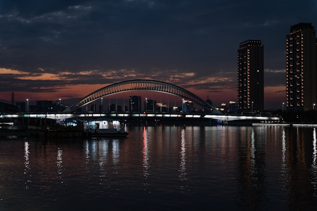 A sleek, modern bridge spanning a river at dusk, symbolizing connection and precision.