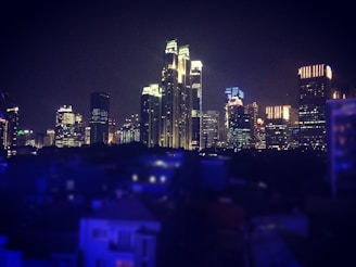 Nighttime view of a city skyline with buildings constructed by Dynamic Enterprises illuminated.