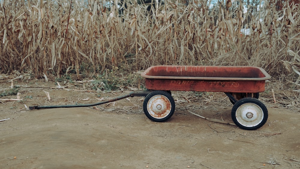 red and black cart on brown dirt