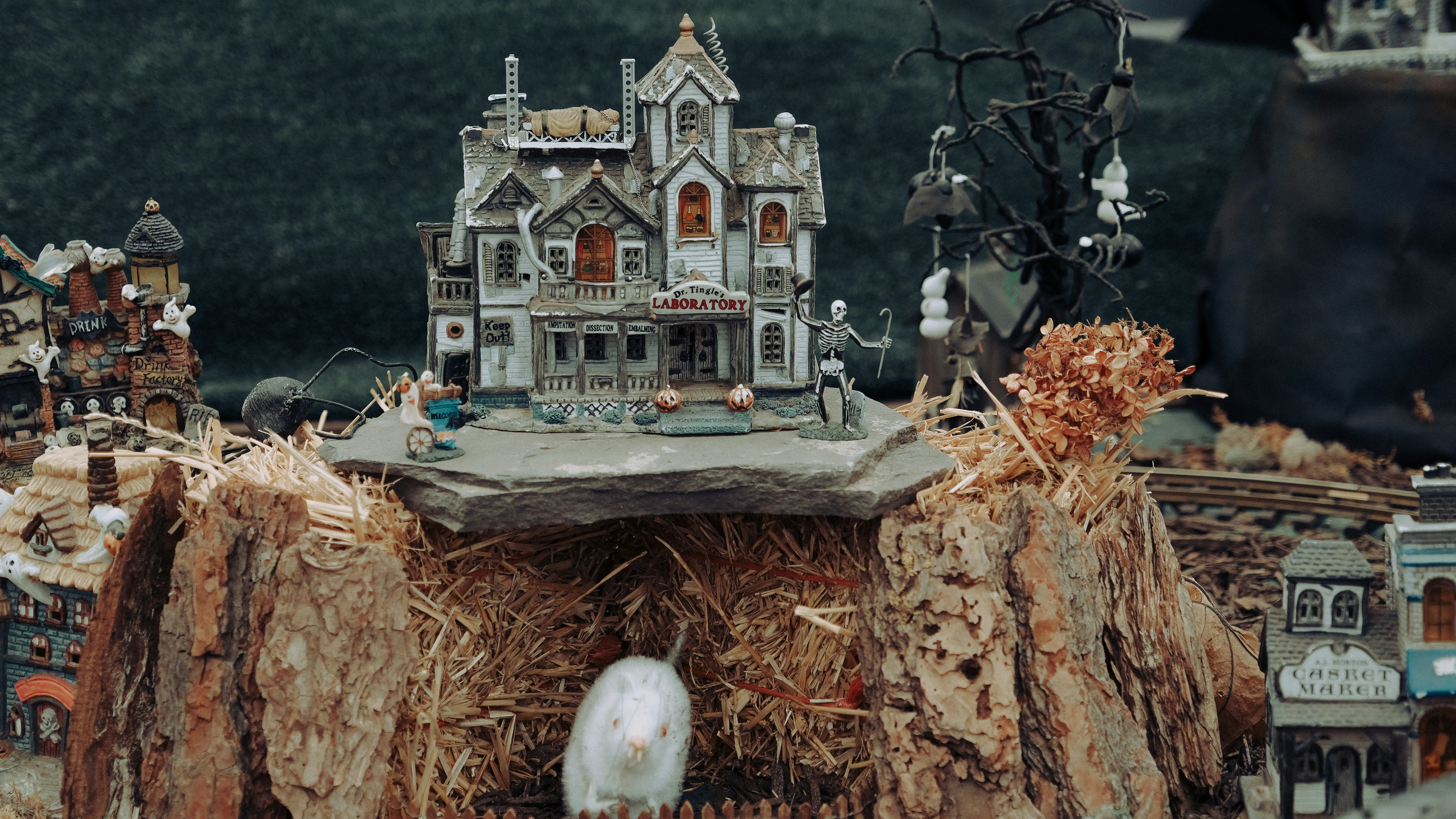 white and blue house miniature