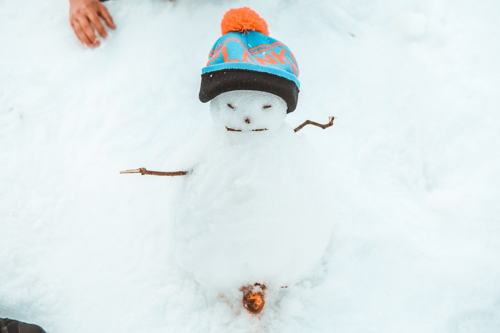 snowman with red knit cap on snow covered ground
