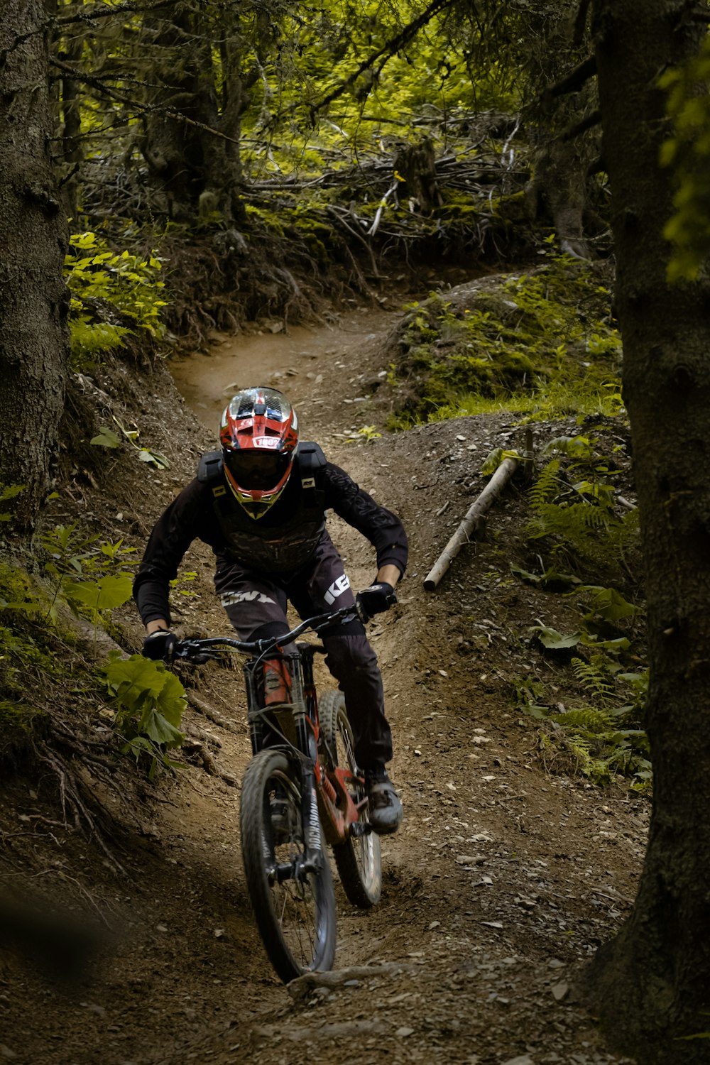 Mann in schwarzer Jacke fährt rot-weißes Mountainbike