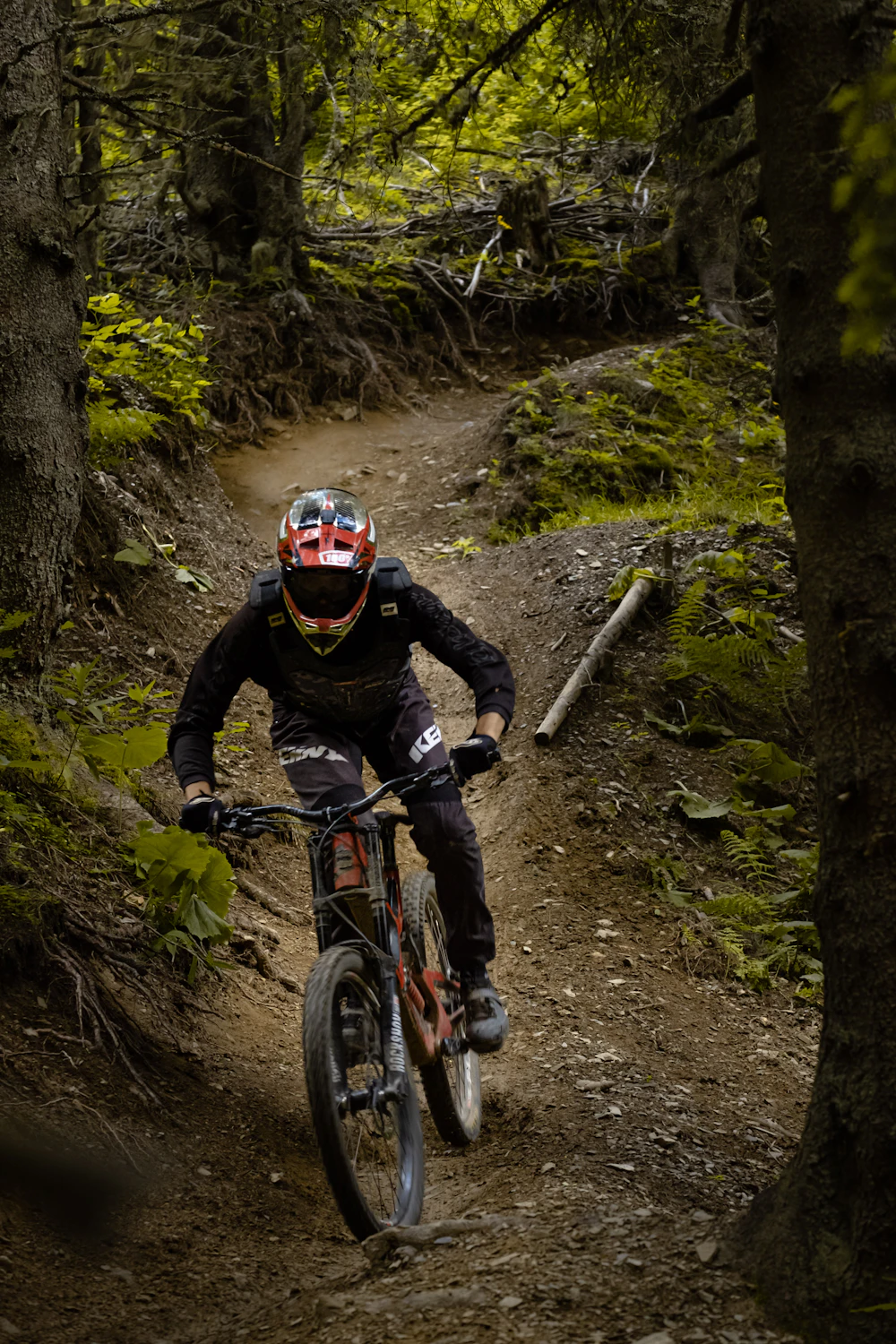 Downhill mountain biker carving through a bermed forest trail in the Portes du Soleil
