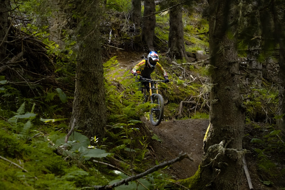 man in black jacket riding bicycle on forest during daytime