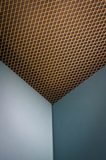 A corner of a room with two intersecting walls painted in a muted teal color. The ceiling has a grid-like pattern, featuring a mesh with gold or brass diagonal lines against a dark background.