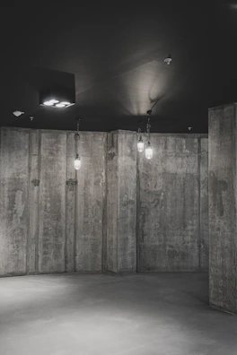 Interior shot featuring minimalist open space with raw concrete walls and warm orange accents.