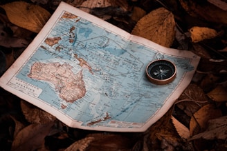 A vintage map depicting Australia and surrounding areas is laid on a bed of dried leaves. A compass with a dark dial and metallic rim is placed on the map, suggesting a theme of exploration and adventure. The overall scene is earthy with natural elements accentuated by faded colors and soft lighting.