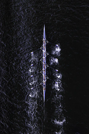 Close-up of a dragon boat team in perfect sync, paddles cutting through shimmering water under a bright sky.