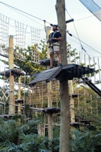 A person wearing shorts and a t-shirt stands on a wooden platform in a ropes course, high among trees. They are equipped with a safety harness and holding onto ropes attached to wooden posts. The background features a structure of nets and ropes among lush green foliage.