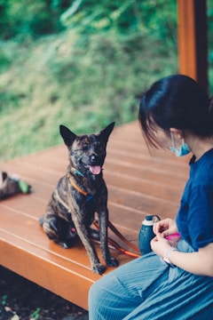 A woman wearing a mask is sitting on a wooden platform with a small, brindle dog sitting beside her. The dog looks towards the camera with its tongue out, appearing happy. The background is blurred with greenery, suggesting an outdoor setting.